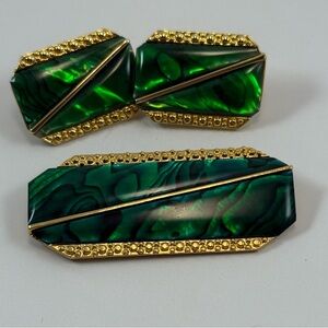 Burton’s of Fifth Avenue Jewelry Set Green Art Deco Brooch Clip Earrings
